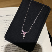 蒂奇实拍925纯银ins甜美蝴蝶粉钻项链女轻奢高级感星星流苏锁骨链