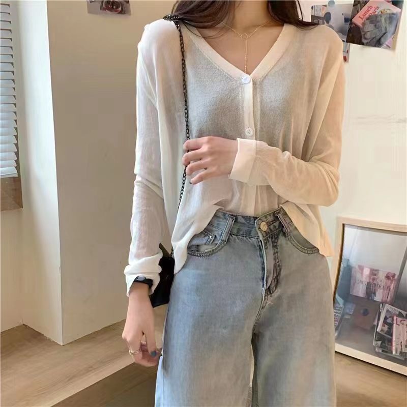 Summer Thin Ice Silk Seaside Lazy Sunscreen Knitted Cardigan Women's Solid Color Jacket Outer Long Sleeve Air-conditioning Shirt
