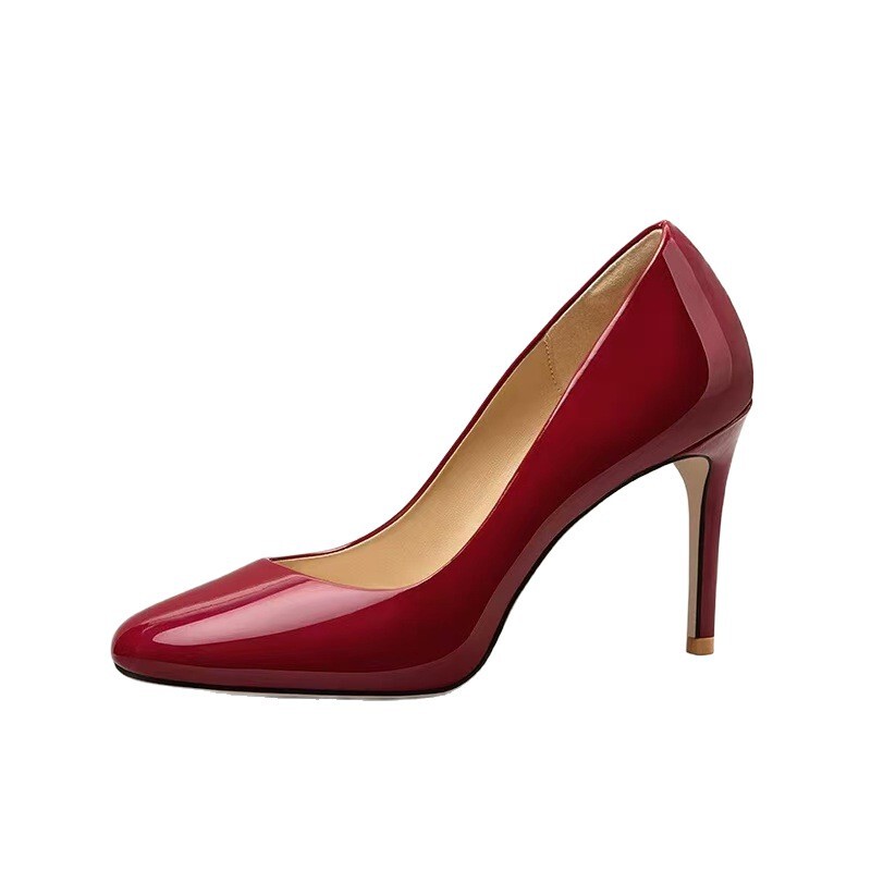 8cm Round Toe Red Patent Leather Shallow High Heels Thin Heels Large Size Work Shoes Retro Women's Shoes 41