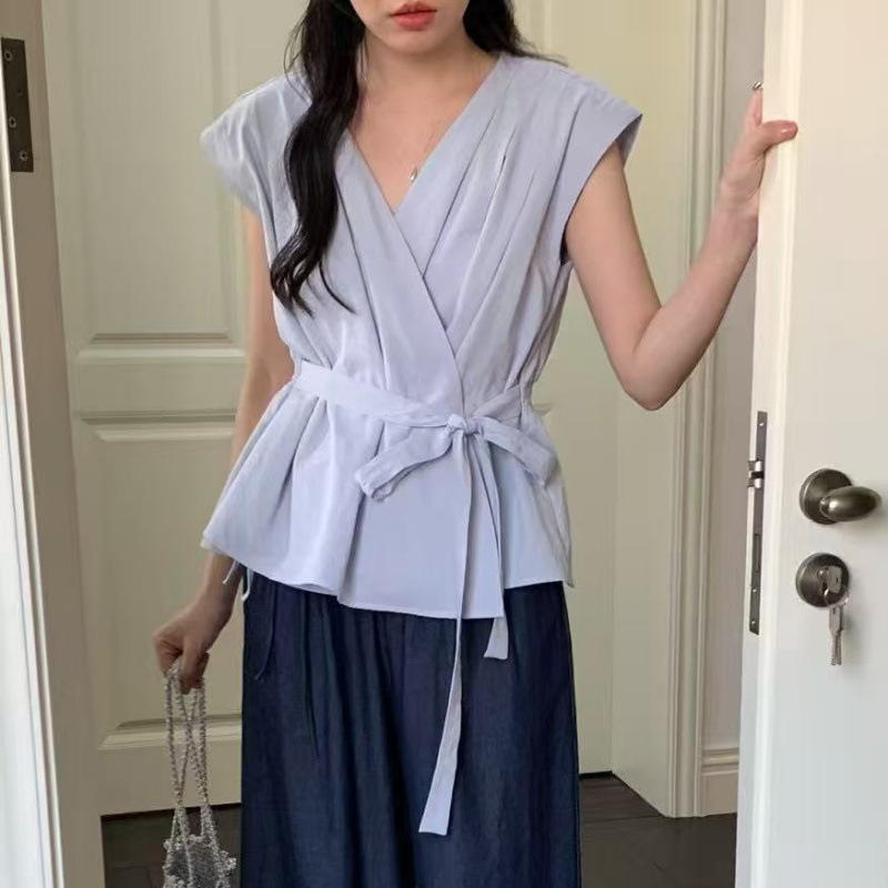 Korean Chic Summer Comfortable and Cool Lace-Up Cross V Neck Design Waist Slimming Look Versatile Sleeveless Shirt 4 Colors