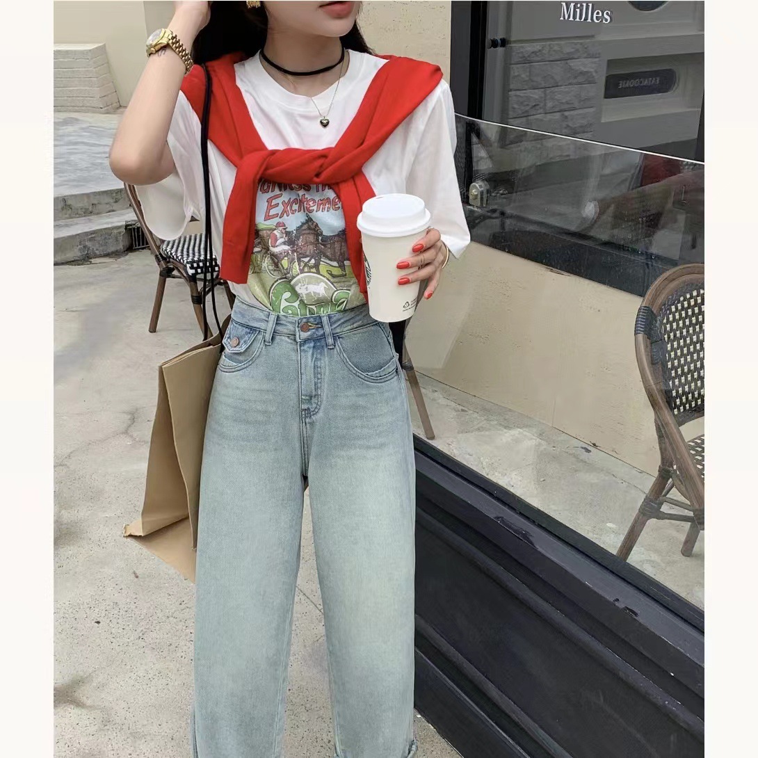 W00713小个子哈伦裤牛仔女复古蓝色小个子2024夏季新款百搭长裤