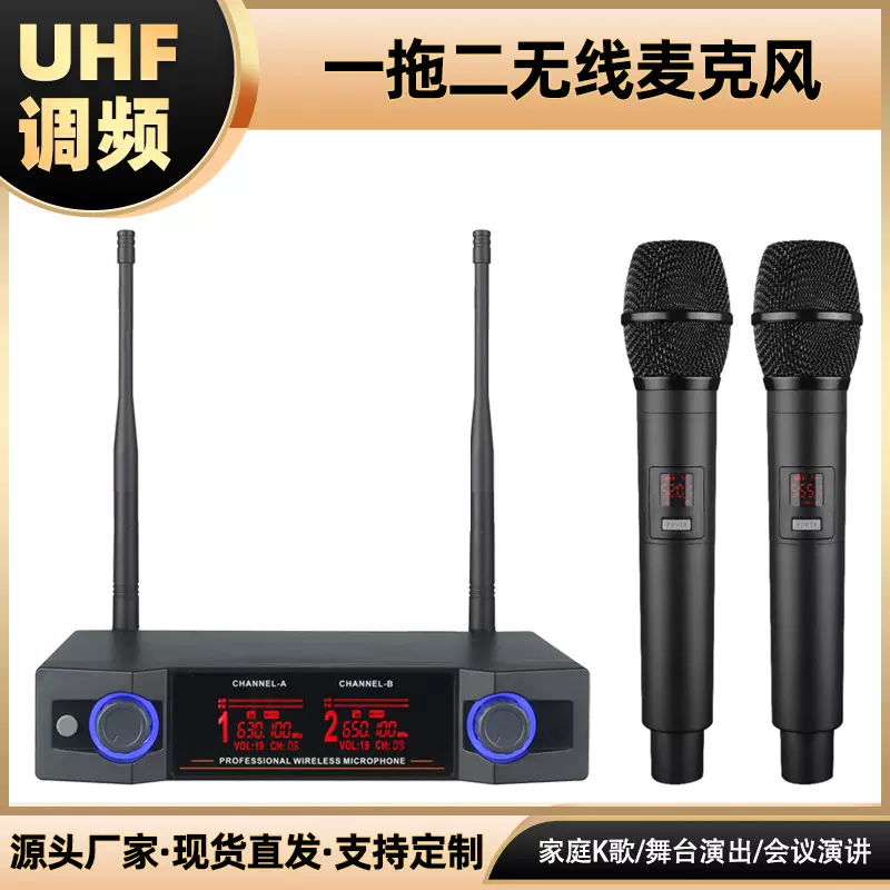 跨境UHF一拖二无线麦克风家庭娱乐K歌婚庆学校主持演出话筒声卡