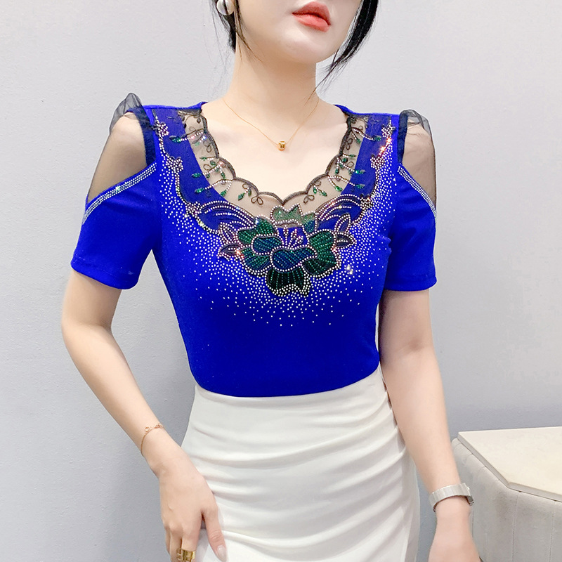 Estación europea ropa de mujer al por mayor industria pesada diamante caliente flor malla top manga abullonada azul sin tirantes temperamento camisa ligera de lujo