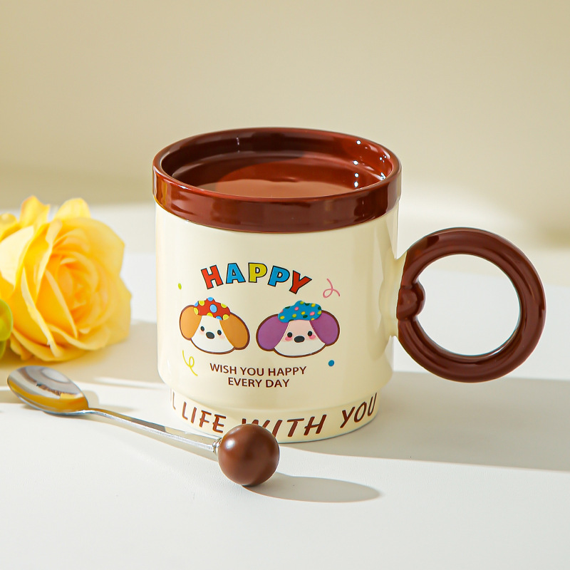 Taza de dibujos animados creativa con tapa de taza de cerámica para parejas de chicas taza de agua acompañante regalo de alto valor facial taza de marca conjunto doméstico