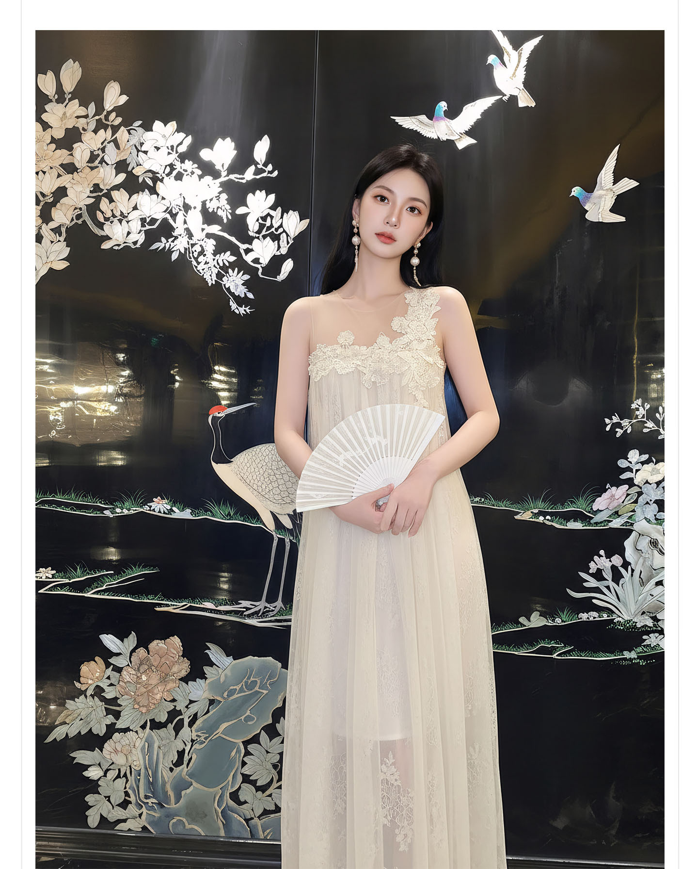 Đầm maxi nữ thắt eo ren hoa nổi lãng mạn phong cách nghỉ dưỡng — màu trắng ngà chi tiết 6