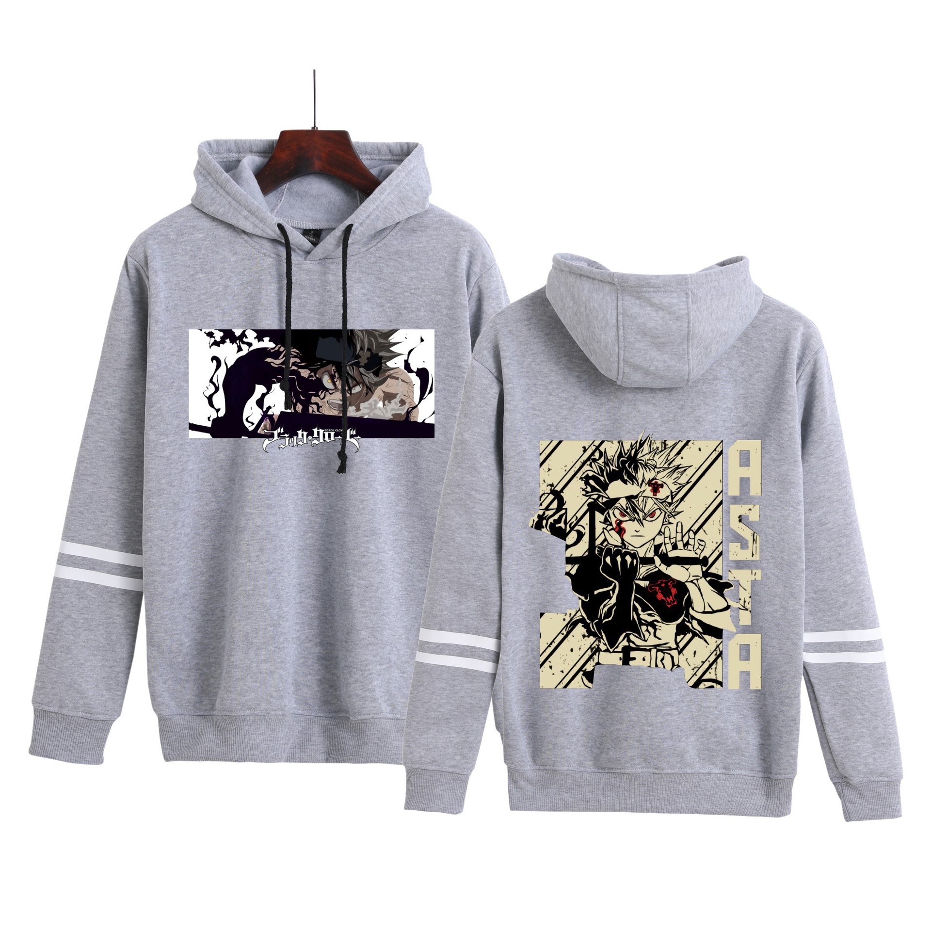 Amazon hombres y mujeres anime trébol negro Black Clover estampado con capucha pareja suéter de barras paralelas