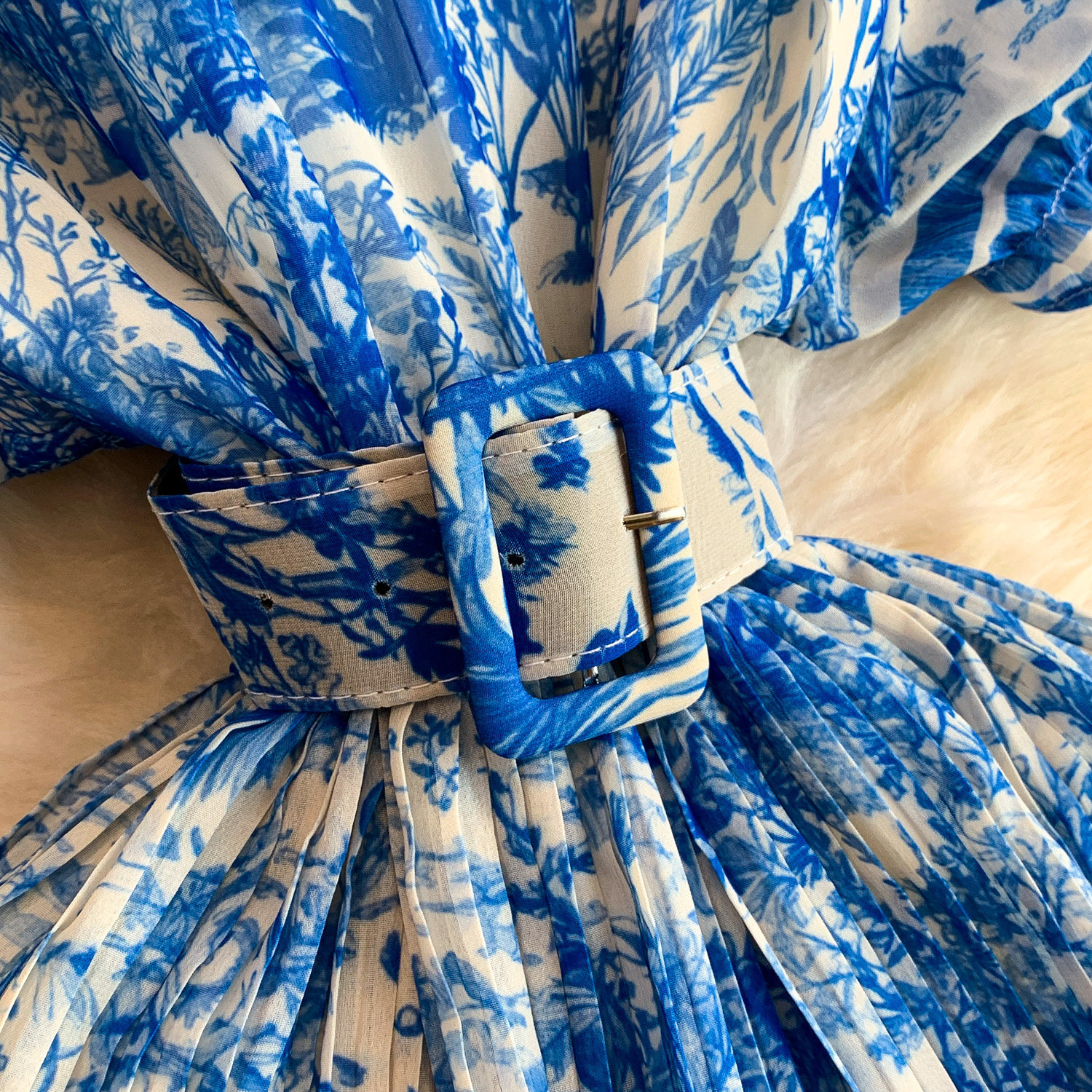 Women's Light French Romantic Style Tie Dye Floral Print Round Neck Dress Three Dimensional Flower Summer Slimming Pleated Long Skirt_ecoleips.com