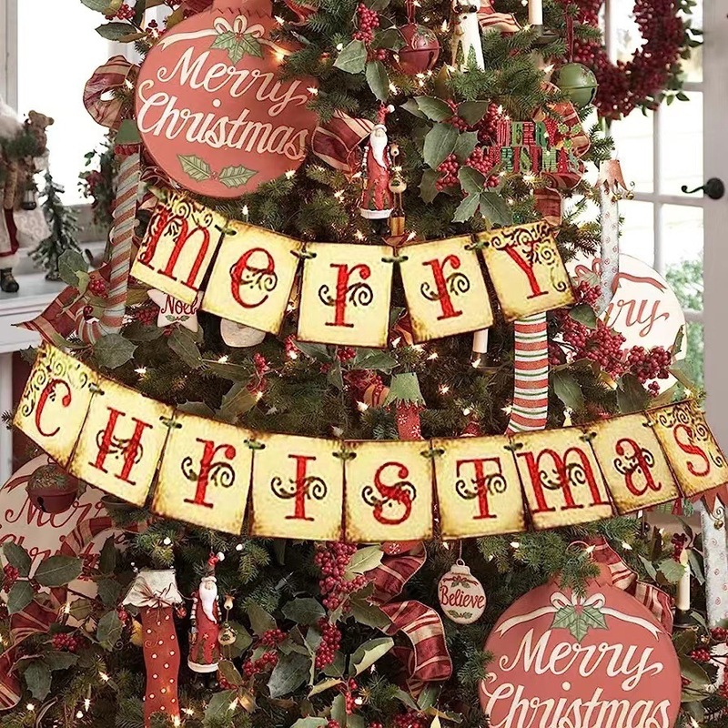 国境を越えたレトロなクリスマス旗クリスマスbannerパーティー装飾クリスマスクリスマスツリーシーン旗彫刻|undefined