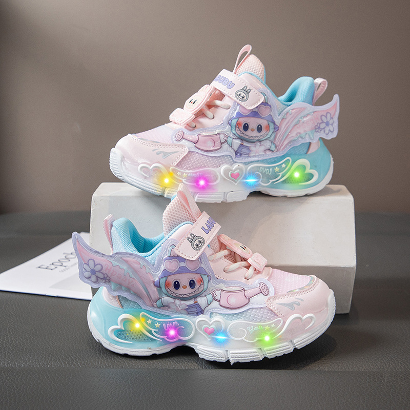 Labubu Girls' Shoes with Lights 2025 Autumn New Mesh Breathable Children's Sports Shoes Leather Soft Sole Running Shoes