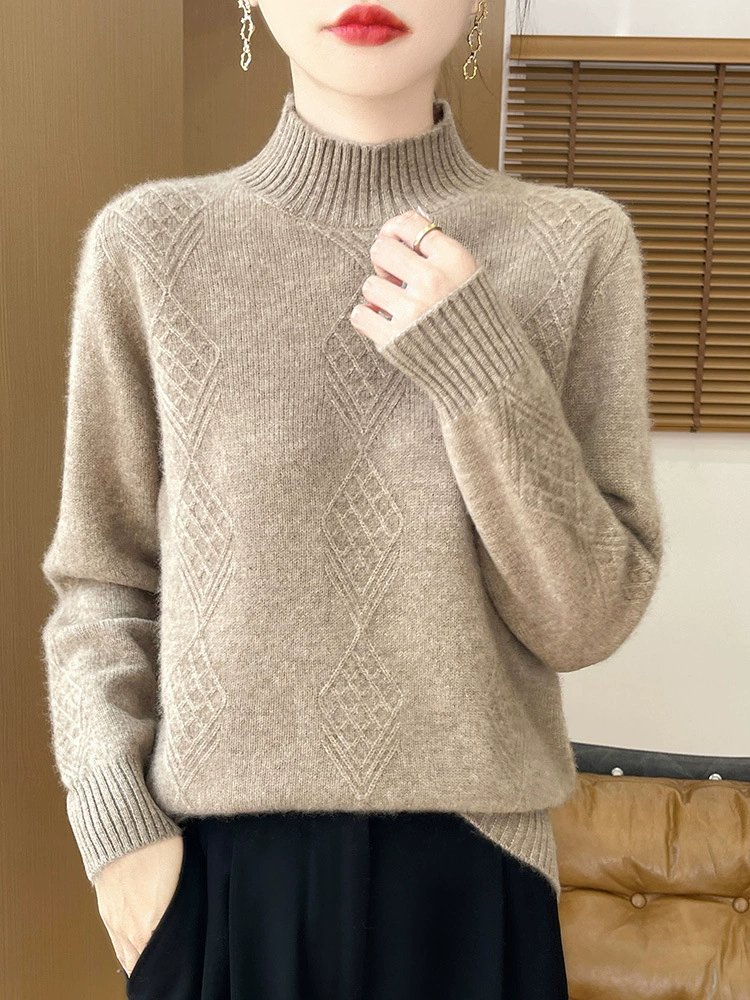25 new autumn and winter women's half turtleneck cashmere pullover, temperament, simple commuting, 100% wool knitted bottoming and thickening