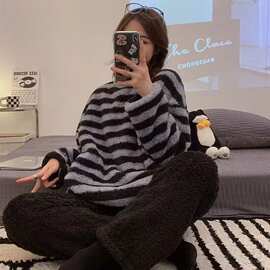 珊瑚绒睡衣女秋冬天长袖加绒加厚学生宿舍法兰绒春秋款套装家居服