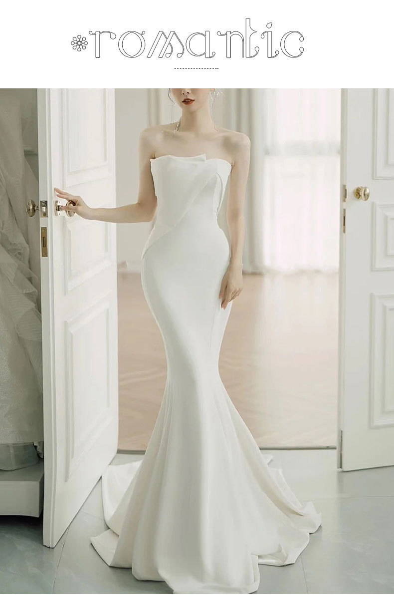 Mermaid Style Light Wedding Dress Satin Strapless Bridal Gown With Short Train Elegant Forest Style Slimming Evening Gown_ecoleips.com