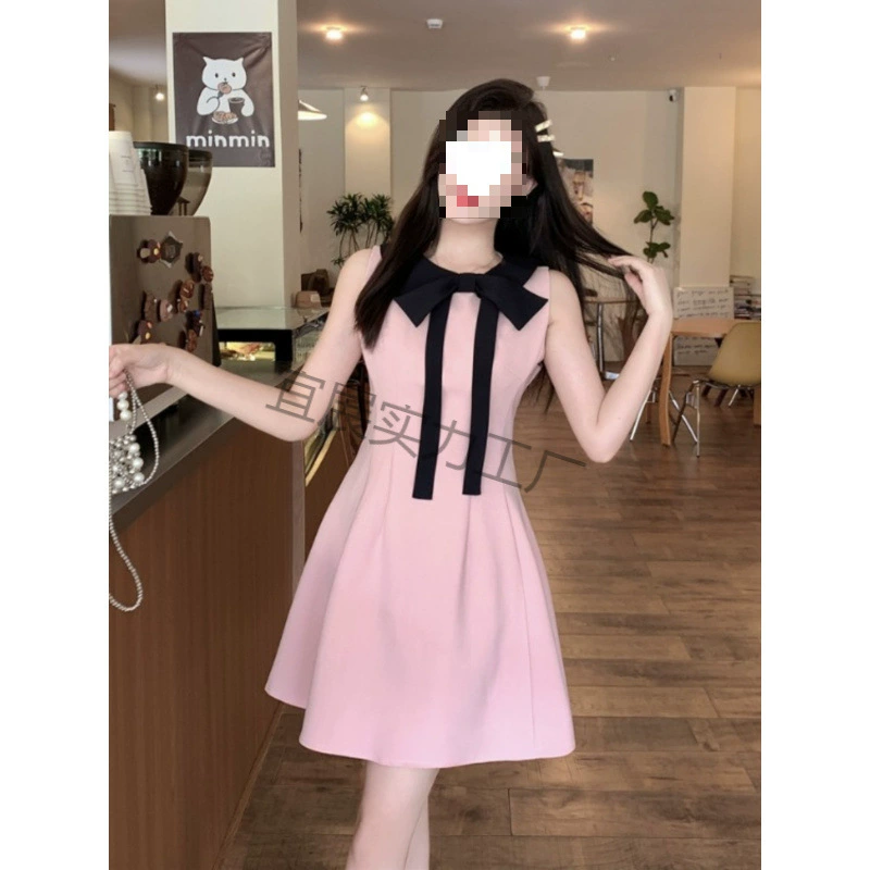 夏季大码甜美洋气显瘦法式千金风蝴蝶结收腰连衣裙女背心裙
