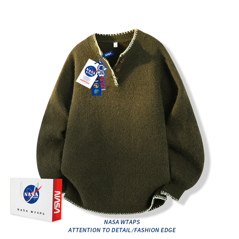 NASA ABOUT复古纯色亨利领毛衣男女秋季潮牌高级感休闲套头针织衫|undefined