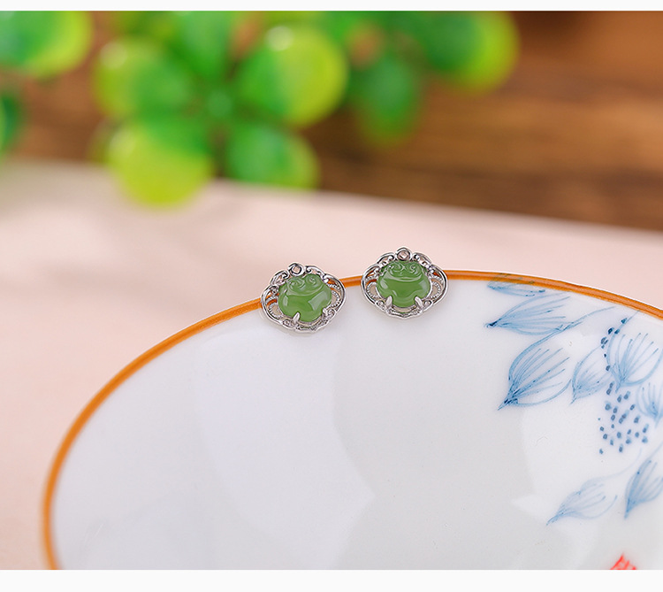Bông tai bạc S925 đính ngọc Hetian tự nhiên hình Như Ý rỗng — Mẫu bạc chi tiết 4