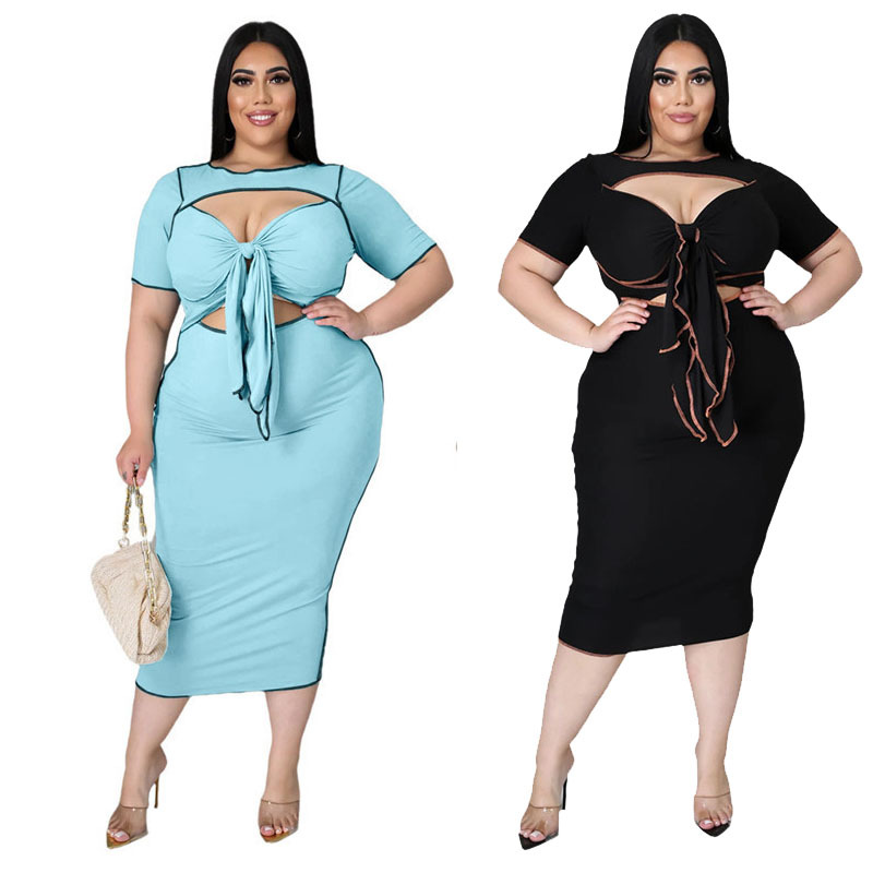 Plus Size Solid Color Hollow Strap Dress NSYMA55286