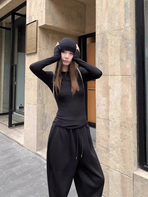 设计感正肩长袖t恤女2025春秋冬新款修身短款圆领内搭德绒上衣潮|undefined
