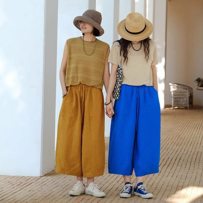 100% Linen Artistic Casual Solid Drape Slimming Macaron Color Cool Carrot Cropped Pants Loose Women's Clothing