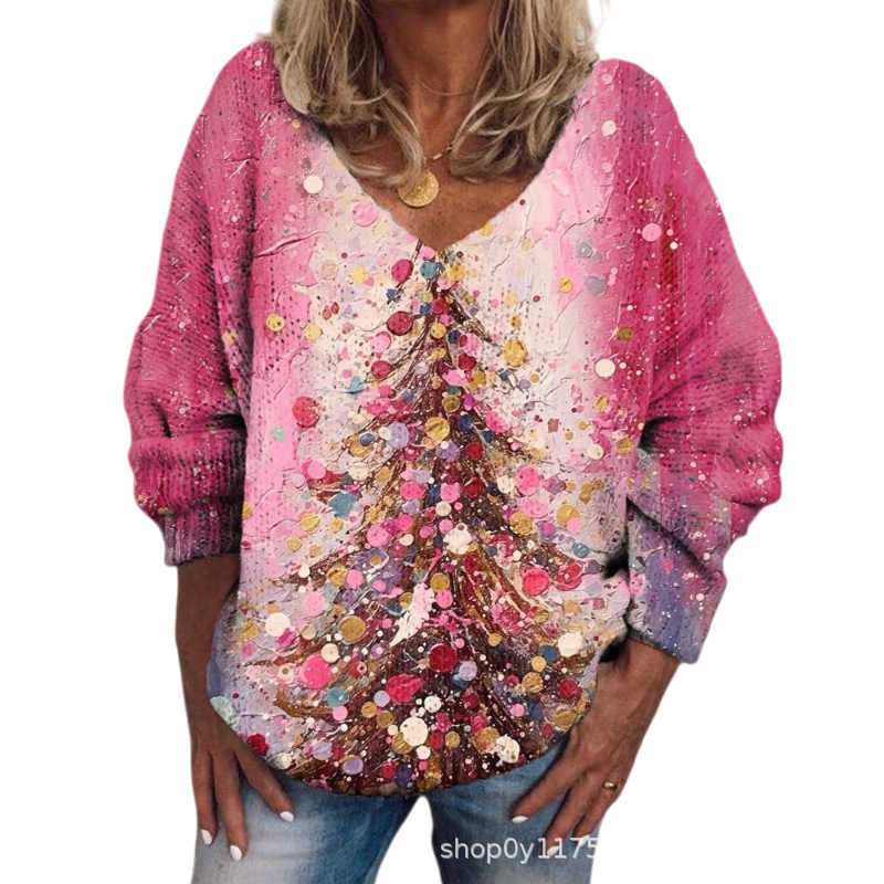 Cross-Border Export Christmas Tree Snowman Long-Sleeved T-Shirt 3D Digital Printing Women's V Neck Halloween Party Thick Needle T-Shirt