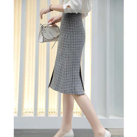 高品质复古洋气包臀裙别致亮丝融入格纹开叉设计中长款毛呢半裙女