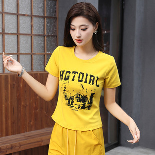 American Retro Short-Sleeved Women's Summer New Sports and Leisure Versatile Tops Right Shoulder Slimming Fitness Running Clothes