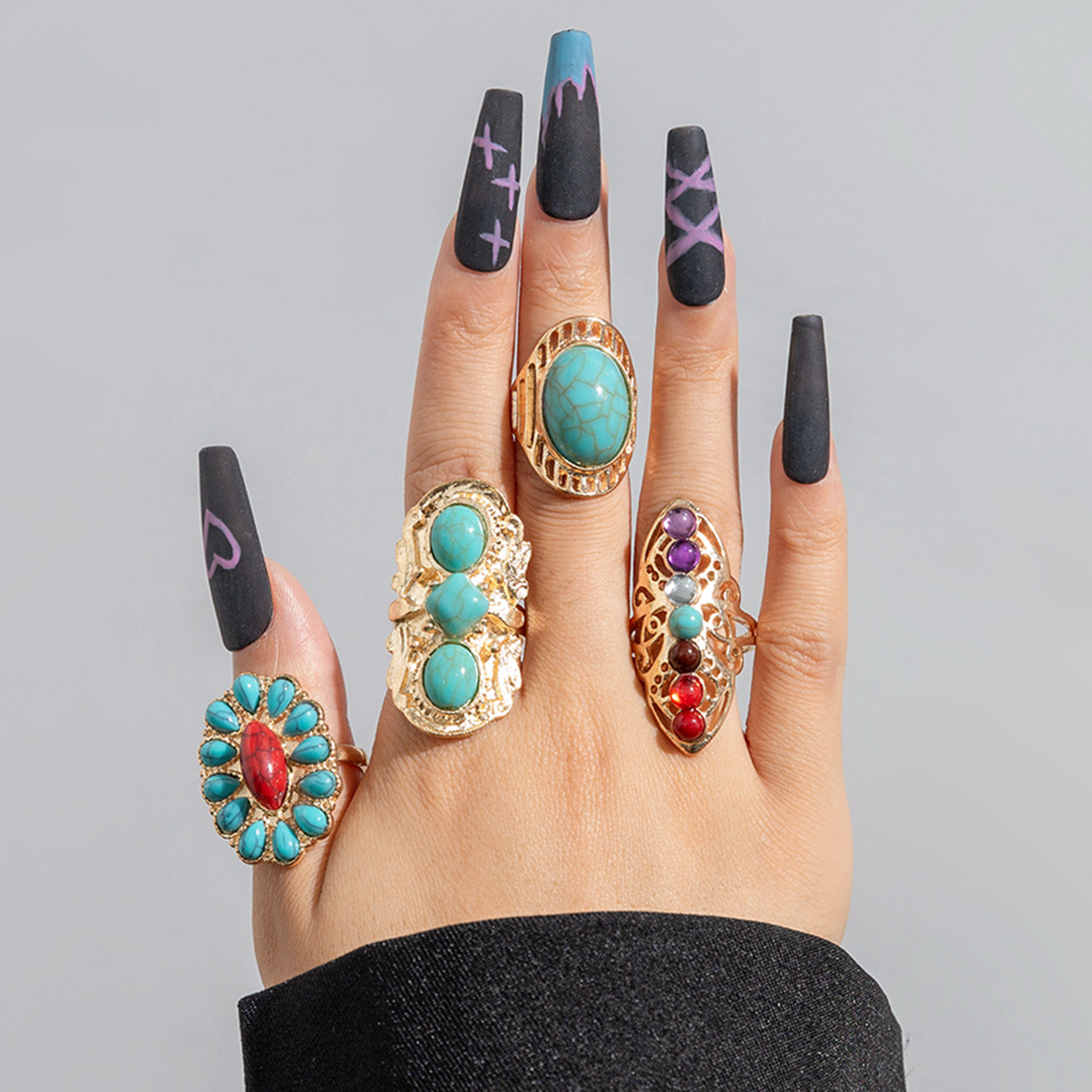 Banquet, Party Occasion 4 Pieces Geometric Open Rings Rings Alloy December Birthstone Turquoise Turquoise Women's Retro Open Rings Rings