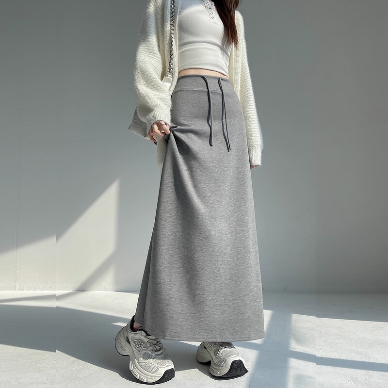 Lazy and Relaxed Gray Skirt for Women in Autumn and Winter High-Waisted Drawstring Straight Sports Skirt Loose Long Skirt Cross-Border Supply