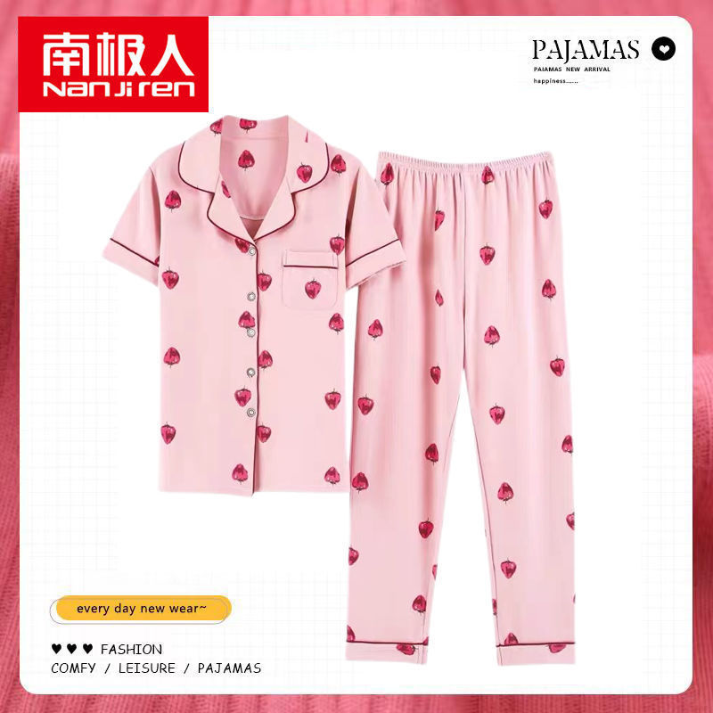 Pijamas de mujer de verano de algodón de manga corta pantalones de solapa de verano de las mujeres delgadas homewear traje