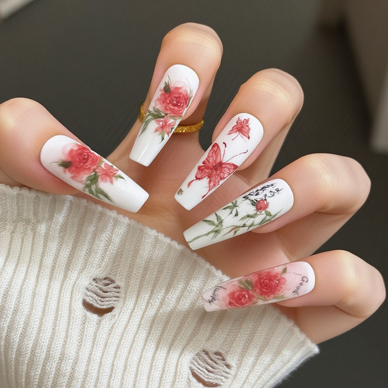Cross-Border European and American Style Gorgeous Fake Nails, Sweet and Cool Long Ballet Nails, Stunning Rose Flower Butterfly Nail Art, Wearable Nails Cross-Border European and American Style Gorgeous Fake Nails, Sweet and Cool Long Ballet Nails, Stunning Rose Flower Butterfly Nail Art, Wearable Nails
