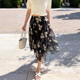 26新款设计大摆复古优雅气质真丝雪纺半身裙雏菊印花度假风A字裙