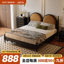 9C法式复古软包床中古风黑色现代简约实木床1米8美式双人主卧大床