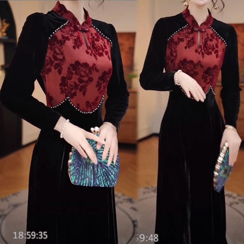 새로운 슬리밍 원피스 여성 가을 겨울 비싼 국가 스타일 스커트 여성 벨벳 개선 청삼 우아한 중국 스타일