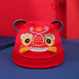 虎头帽婴儿帽子红色满月百天周岁宝宝帽胎帽春秋中国风刺绣翻边帽
