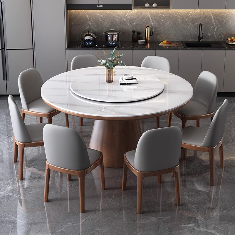 Mesa y silla de comedor de tabla de roca de alta gama, mesa de comedor casera moderna y simple con mesa giratoria, mesa redonda de madera maciza del hotel