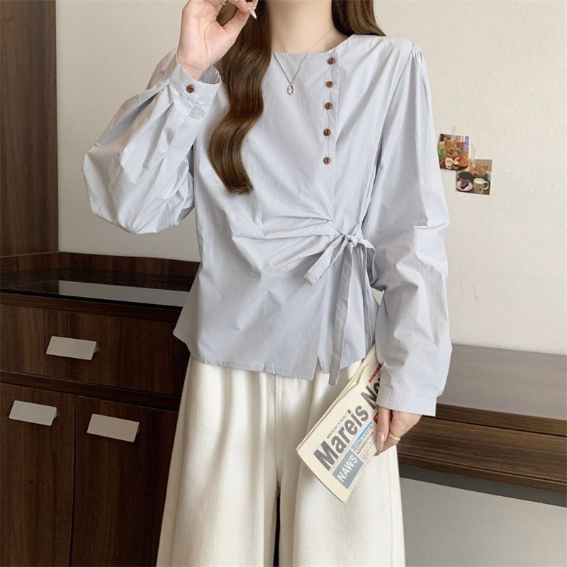 Round Neck Button-Up Bow Tie Shirt for Autumn Plus-Size Trendy Design Versatile Slimming Top for Women