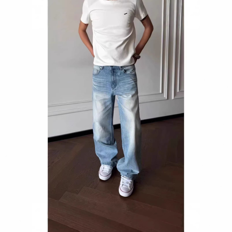Spring/Summer 12oz Ice Blue Nevada Light Blue Washed Distressed Whiskered Honeycomb Straight Loose Jeans Spring/Summer 12oz Ice Blue Nevada Light Blue Washed Distressed Whiskered Honeycomb Straight Loose Jeans