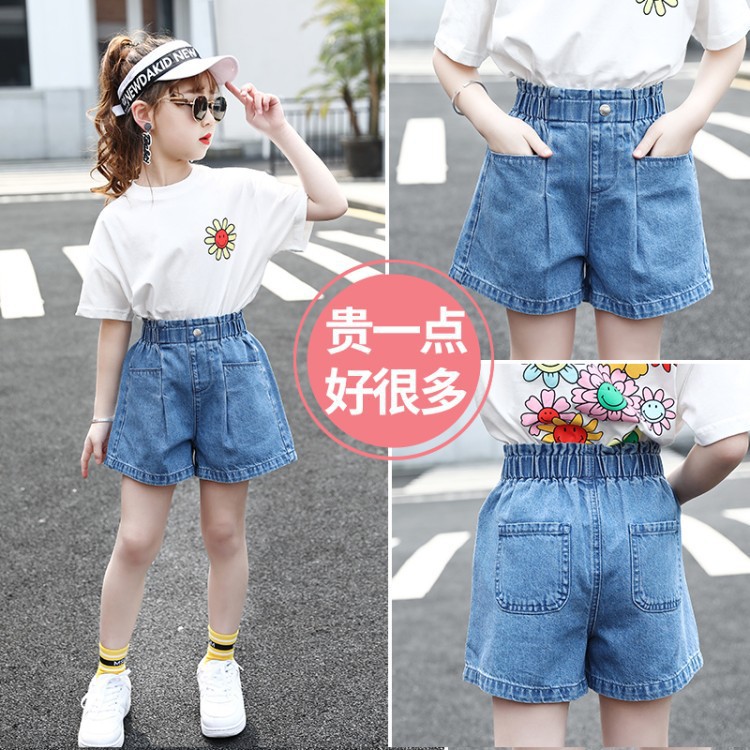 Girls' Jeans Shorts Summer Wear 2023 New Fashionable Internet Famous Medium and Large Children High Waist Summer Girls Hot Pants with Flower Bud 