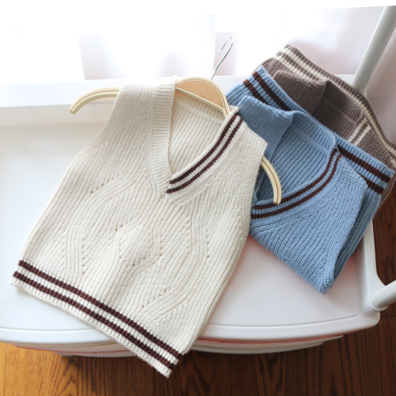 春季新款儿童圆领套头针织毛线马甲  男童撞色镂空提花毛衣背心|ms
