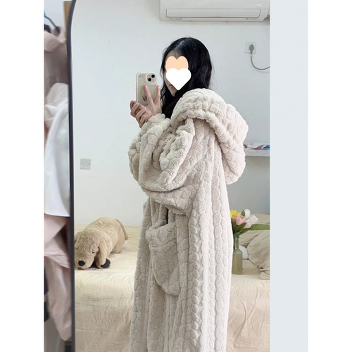 Jacquard coral velvet pajamas for women in winter with velvet thick warm flannel long hooded autumn and winter pure color nightgown