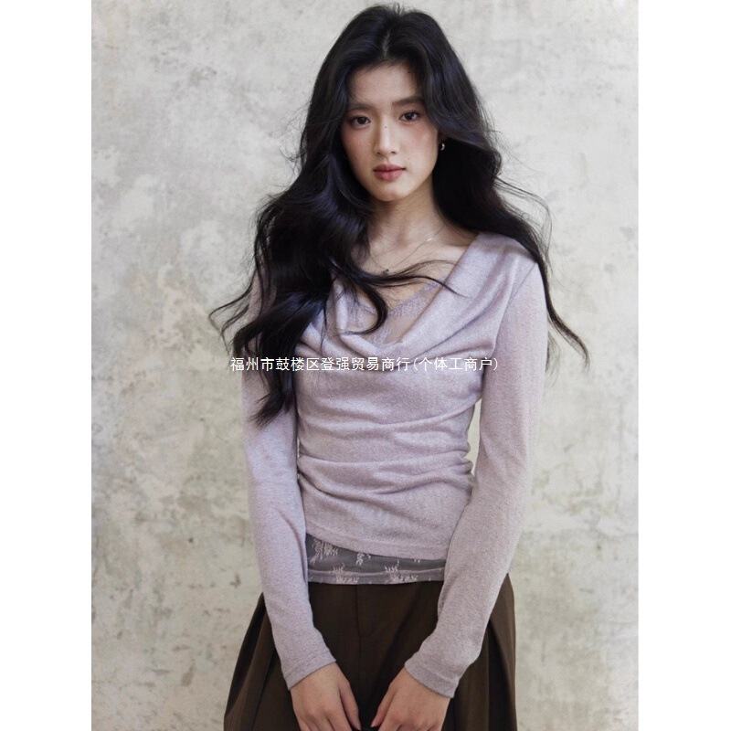 Fake Two-Piece Design with a Draped Collar and Lace Splicing, Slim Fit, 2025 New Slimming Style, Long-Sleeve Spring Top, Base Layer T-Shirt
