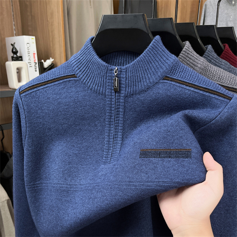 Cross-Border Zipper Thickeneded Sweater Men's 2025 Autumn and Winter New Middle-Aged Dad Half Turtleneck Jacquard Knitted Bottoming Shirt