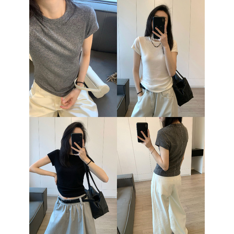Awencoat Imported Tencel Wool Right Shoulder Short-Sleeved T-Shirt Women's Summer Round Neck High Elastic Skin-Friendly Top # Three Thousand Three Hundred and Eleven J