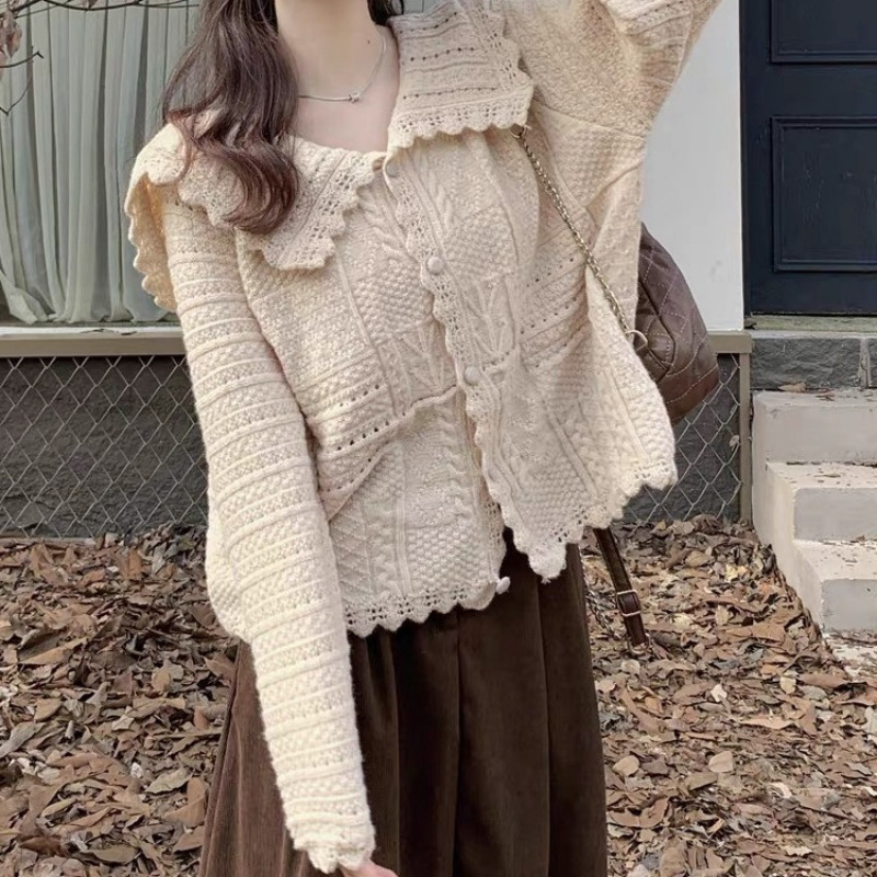Viento suave muñeca collar suave de cera de punto cardigan femenino 2024 primavera y otoño nuevo dulce flojo suéter chaqueta femenina