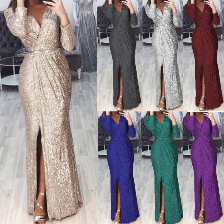 European and American New Amazon Women's Long Dress Evening Dress Deep V-Neck Bright Glittering Dress Sexy Dress for Dinner