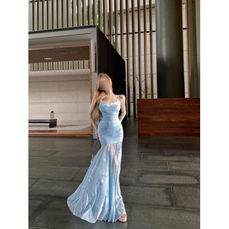 Lace Splicing Printed Suspender Dress for Women Summer Fishtail Skirt Slim Mesh Skirt Design Hip-Hugging Long Skirt