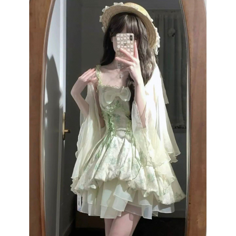 Forest Elf Green Smudged Suspender Floral Dress Sunscreen Cardigan Photo Shoot Beautiful Princess Suit for Women Forest Elf Green Smudged Suspender Floral Dress Sunscreen Cardigan Photo Shoot Beautiful Princess Suit for Women