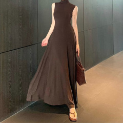 实拍  法式气质半高领无袖背心连衣裙女修身辣妹休闲长裙女