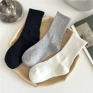 Socks for Men and Women, Classic Black and White Gray Stockings, Pure Color Waistband, Non-Slip Mid-Calf Sports Socks, Versatile Casual Breathable Cotton