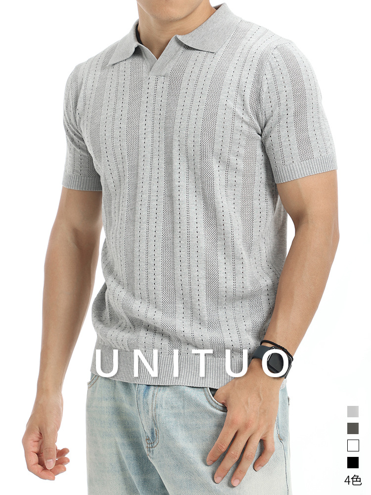 2026 verano nuevo hombre agujero rayas polo camisa de punto con solapa de manga corta europea y americana explosión de negocios casual hombre