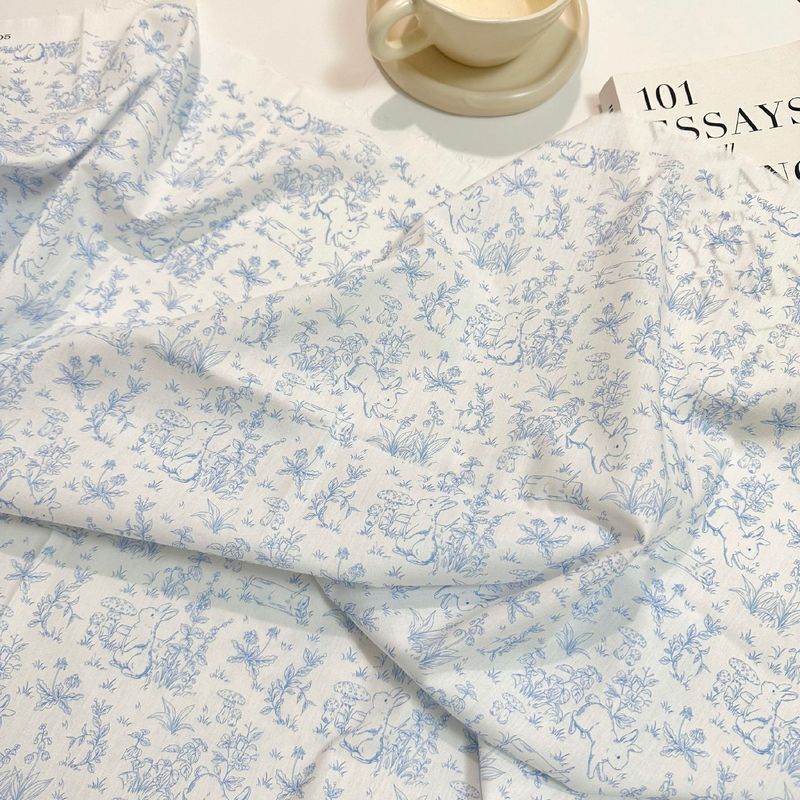 Cotton 40 digital printed fabric art tracing line rabbit flower cloth women's clothing children's clothing parent-child home clothing DIY